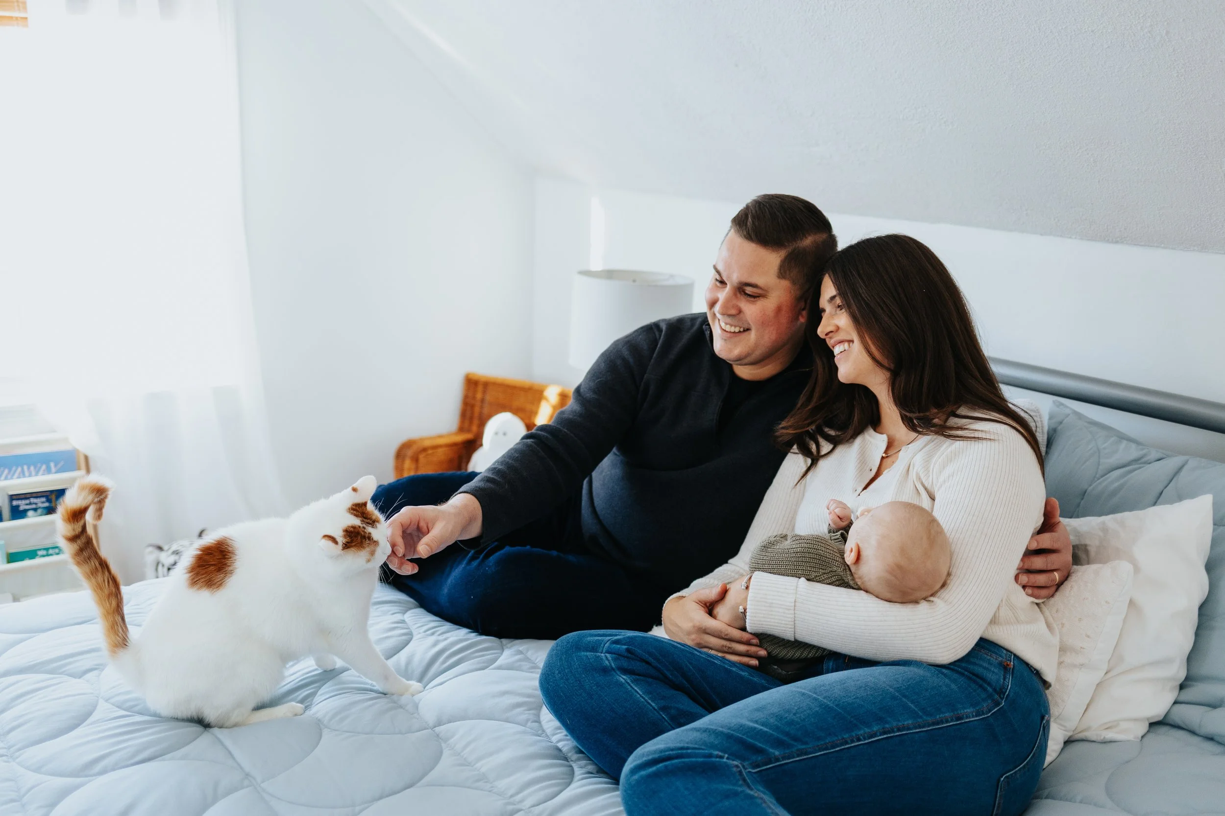 Family playing with cat on bed during a lifestyle family portrait session in Lancaster MA.