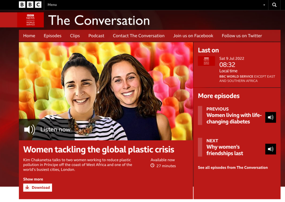 Screenshot of BBC The Conversation webpage featuring Siobhan Anderson addressing global plastic crisis, with colorful candles or plastic items in background, a listen button, episode details, and options to download.