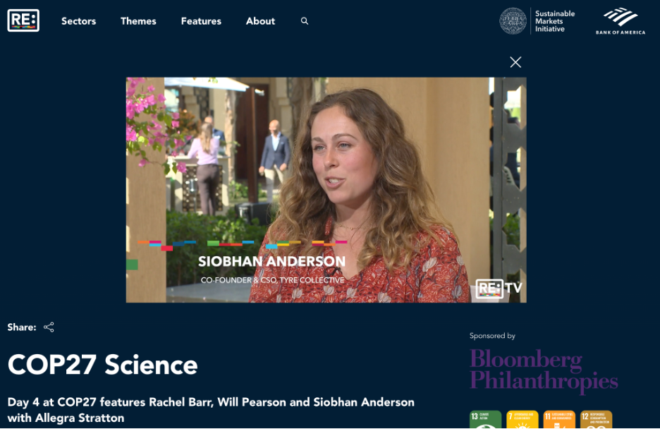 Video interview with Siobhan Anderson, Co-Founder & CSO of Tyre Collective, at COP27 Science event, sponsored by Bloomberg Philanthropies, with a background of outdoor event setting and other attendees.