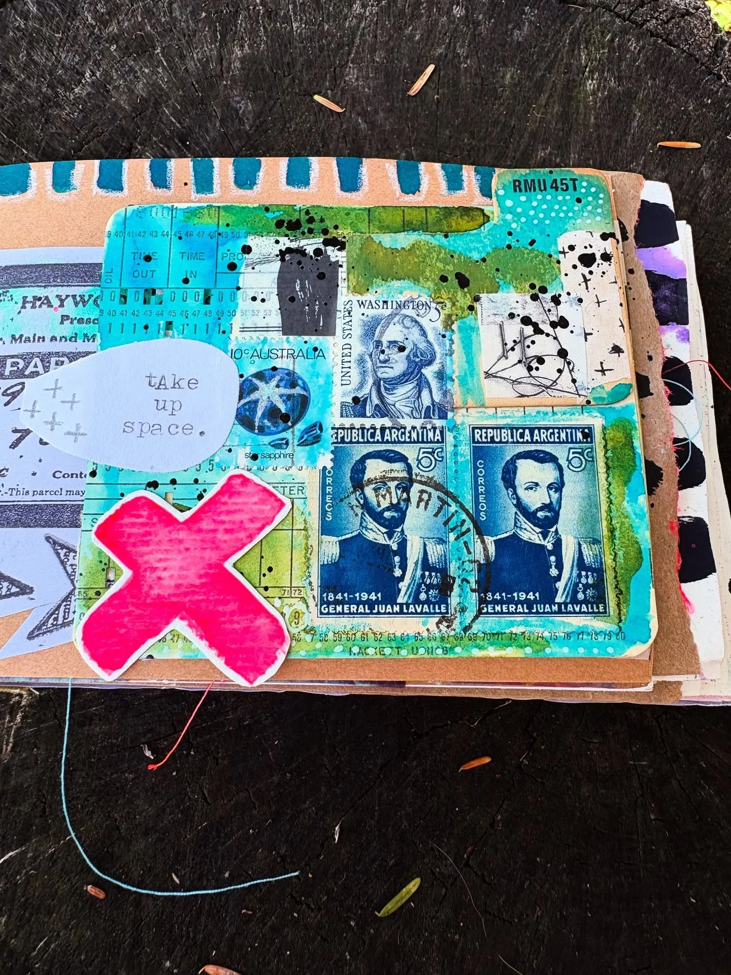 Sweet little tip in using supplies from @umwowstudio 🩵 stamps, washi, postage stamps, miscellaneous ephemera - all the delicious goodies went into this one! Thank you DeeDee! 
&bull;
Watercolor X was a gift from my friend @tealcinnamon 🩷
&bull;
Slo