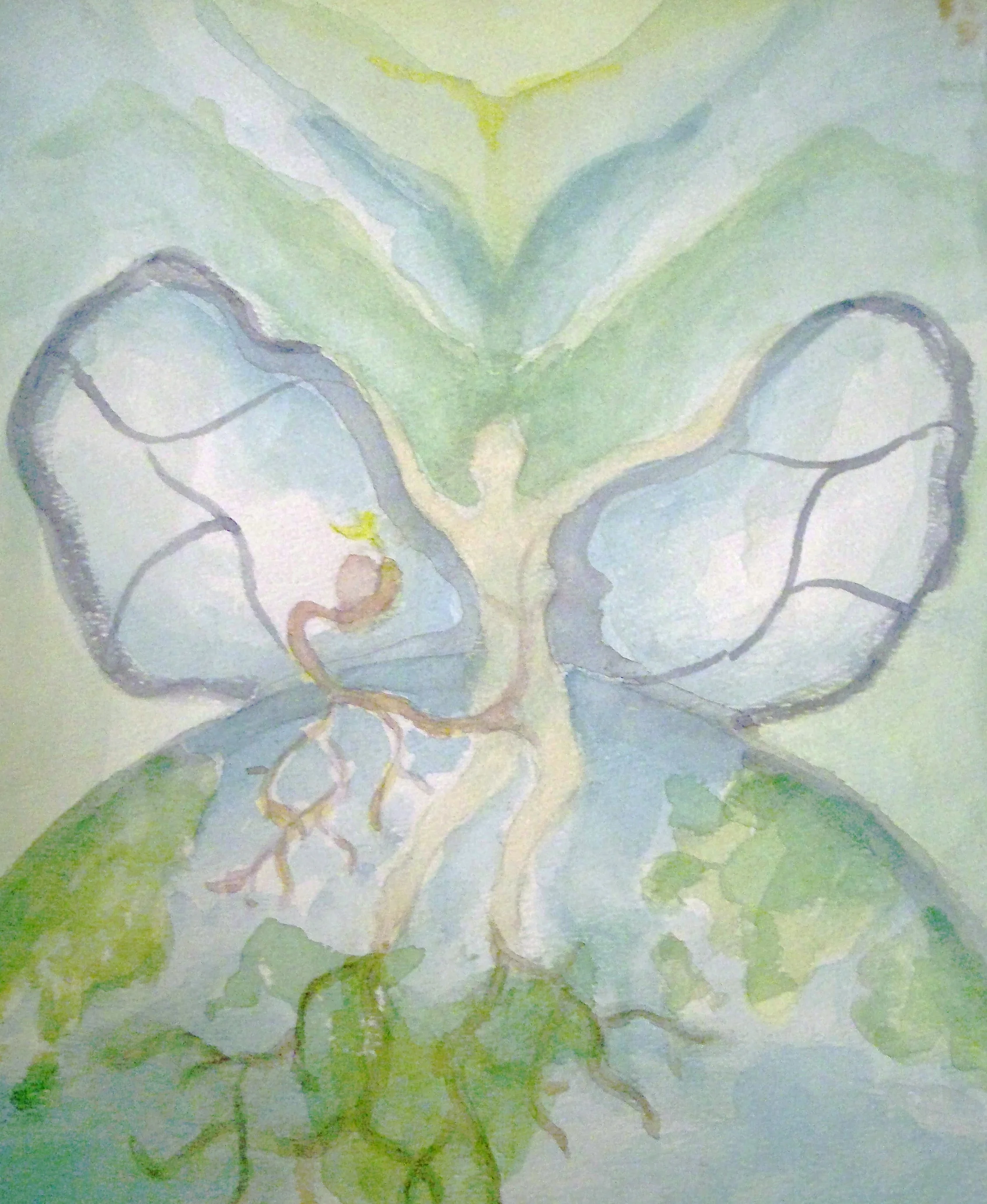 This woman with her feet rooted in the earth and her “wings” connecting with the heavens is birthing a new part of herself as part of her Transformation. This is the journey of Emergence, Evolution, and Freedom to Become the person we are meant to be. Body/Mind Synthesis.