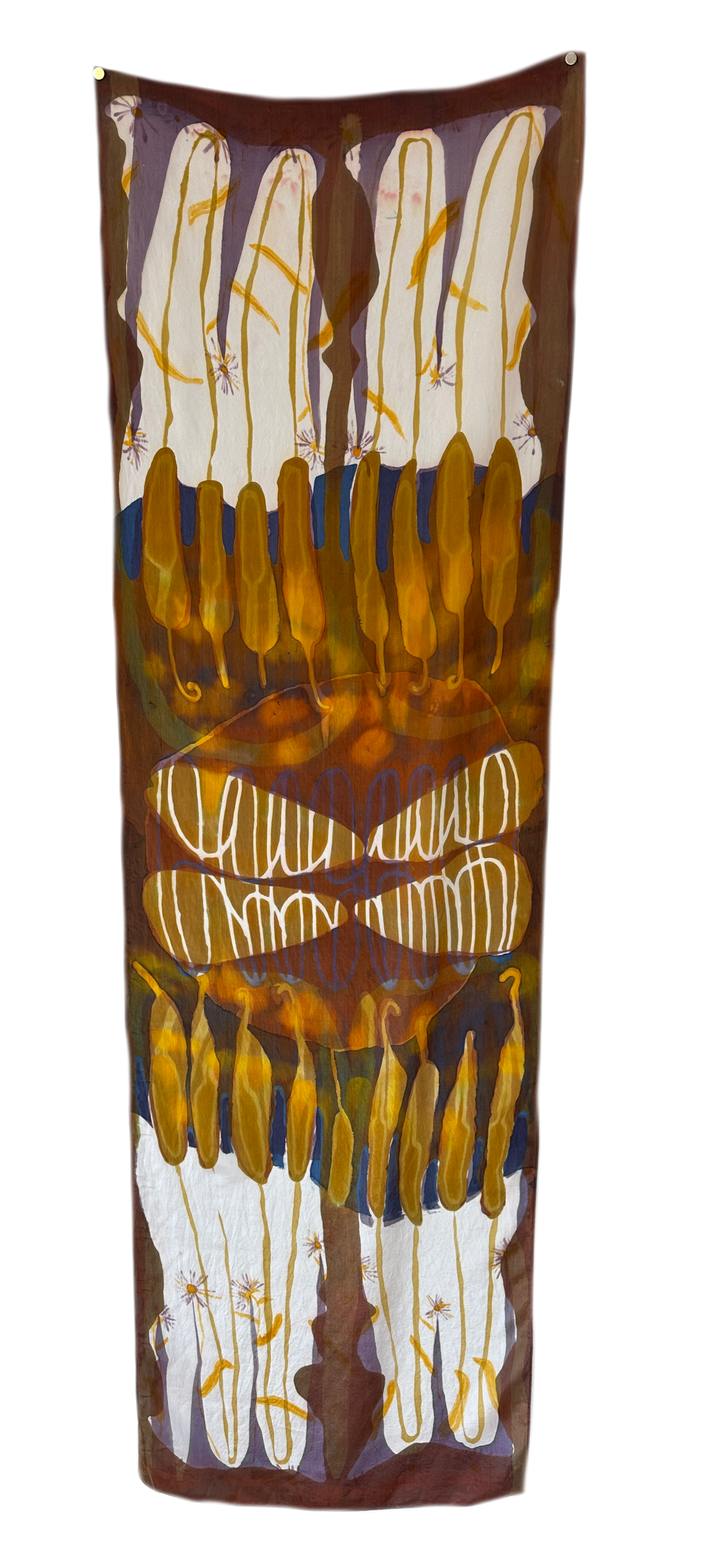 Cattail and Aster, 2023 procion MX dye on silk 22x72”