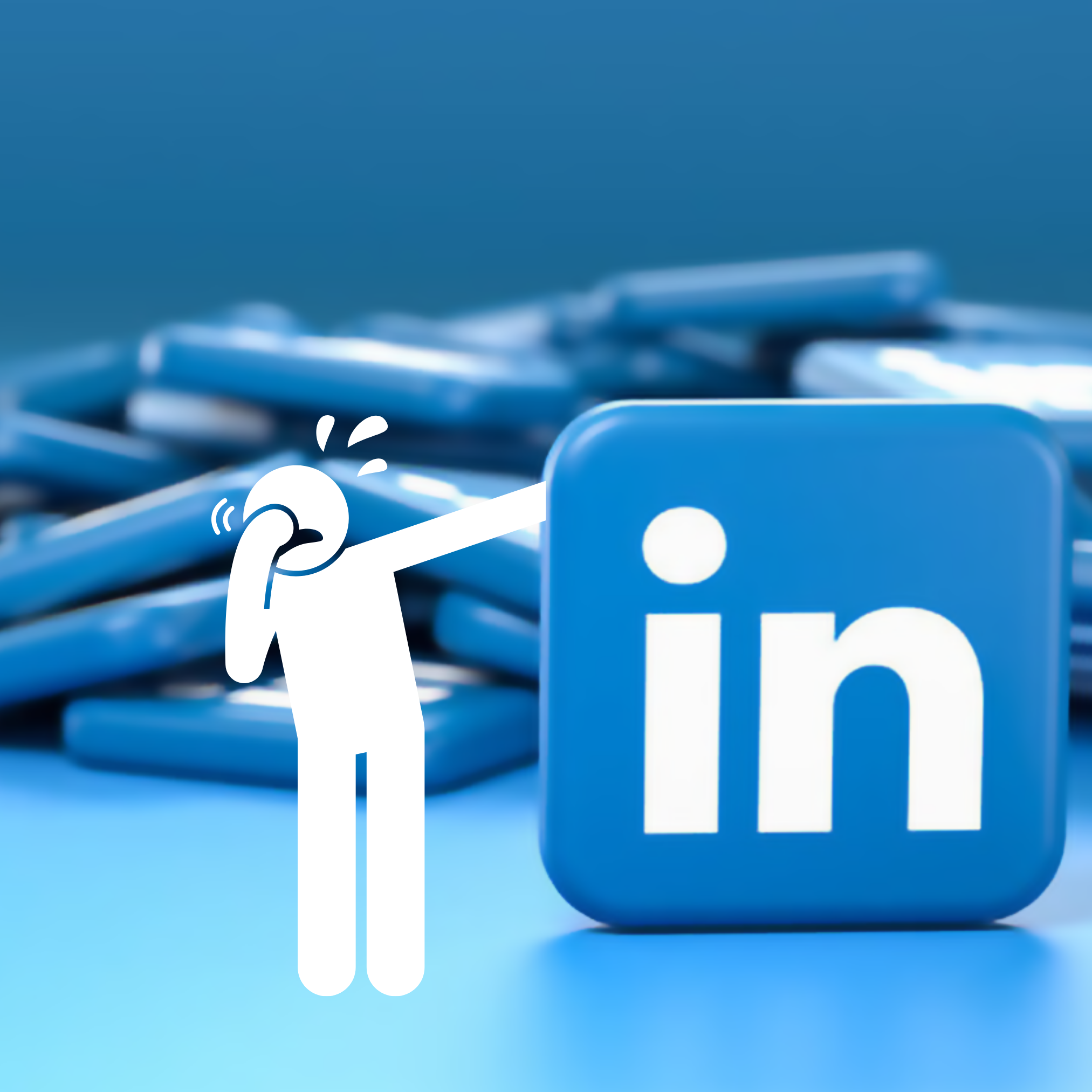 White character figure crying holding face next to a Linkedin icon, with LinkedIn logos behind them. Coaching workshop for Linkedin confidence