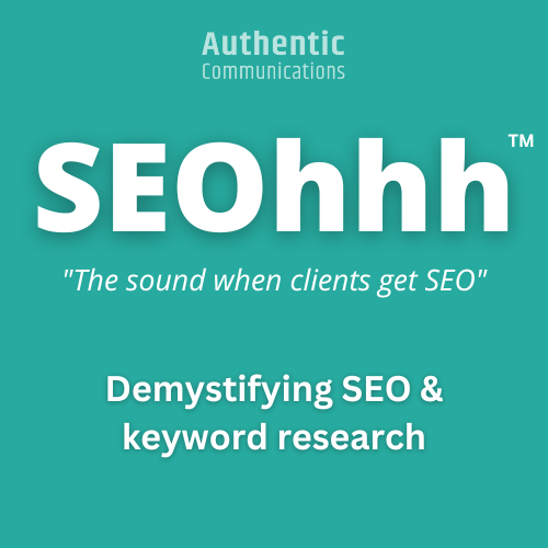 Teal square with white writing_SEO coaching workshop – SEOhhh demystifying SEO and keyword research
