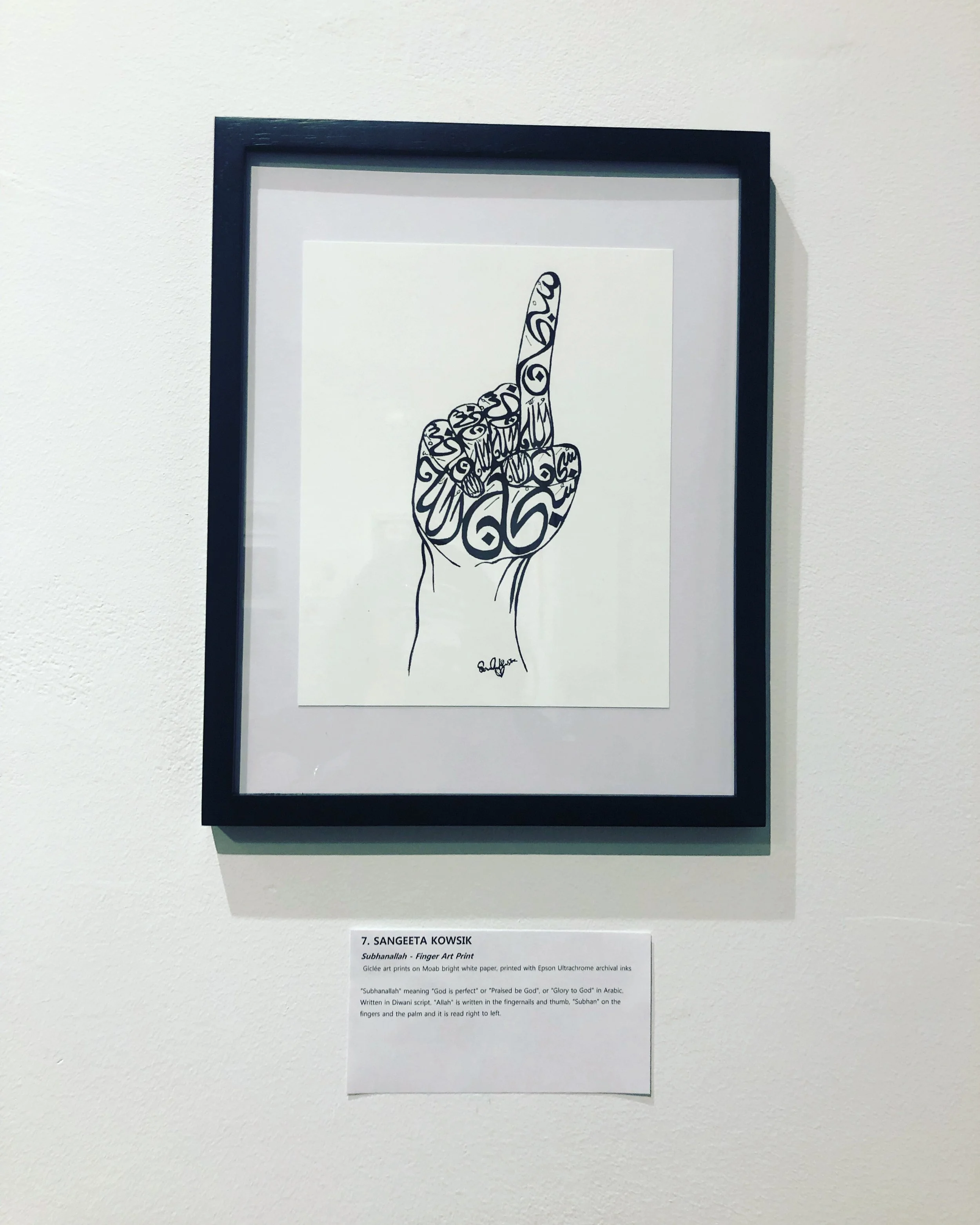 Qawwali Mudra artwork by Sangeetha Kowsik featuring a raised hand formed with expressive calligraphic elements inspired by South Asian devotional music and interfaith symbolism.