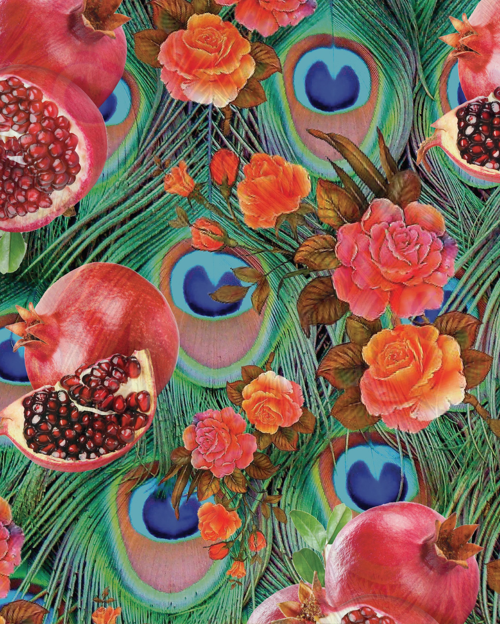 Original pomegranate, peacock feather, rose, and marigold pattern by Ihsan Ishan Design, showcasing custom textile and surface design.