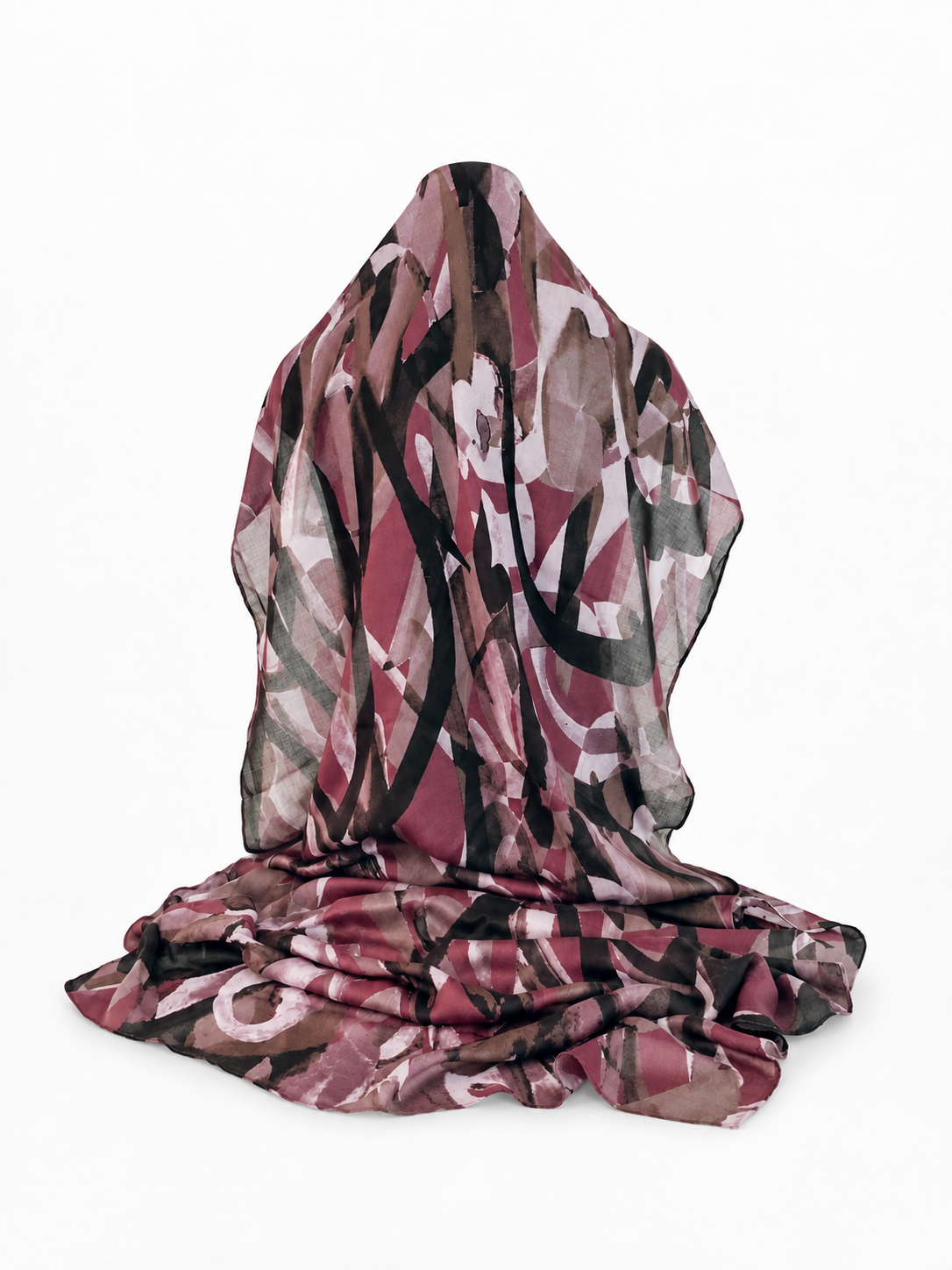 Full view of sheer mauve, plum and black scarf by Ihsan Ishan Design featuring an abstract pattern created with Inshallah Arabic calligraphy.