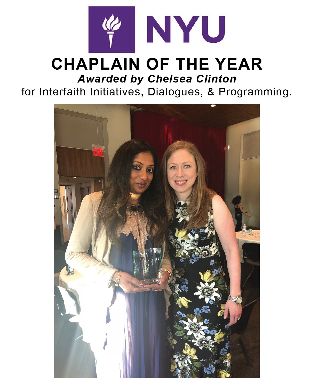 Sangeetha Kowsik receiving NYU Chaplain of the Year, awarded by Chelsea Clinton for interfaith initiatives, dialogue, and programming.
