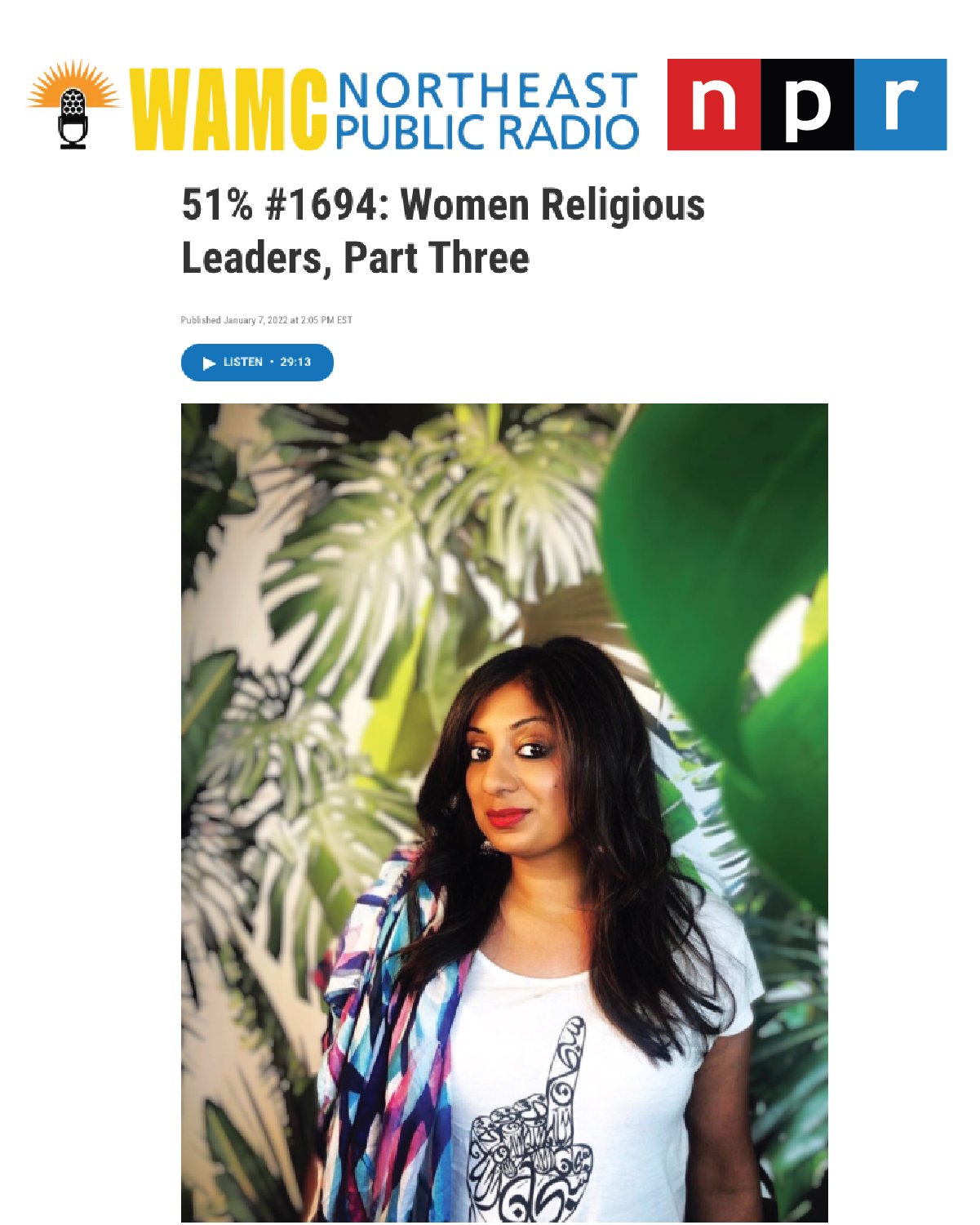 WAMC Northeast Public Radio interview with Hindu Chaplain Sangeetha Kowsik for the Women Religious Leaders series.