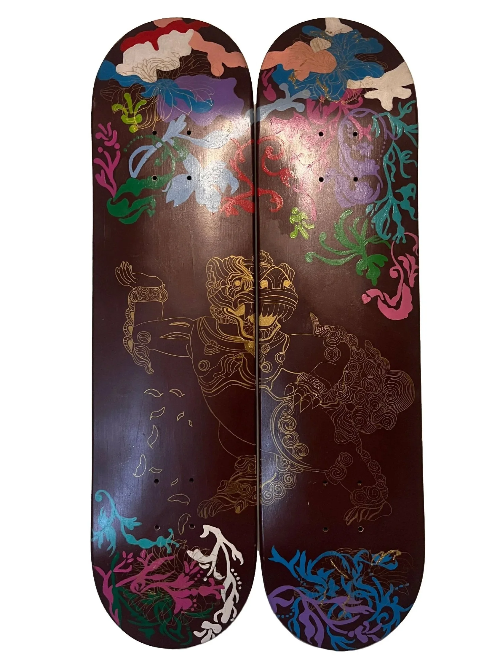 Tibetan Snow Lion skateboard artwork by Sangeetha Kowsik, inspired by a Tibetan bronze Snow Lion from the Rubin Museum’s permanent collection.