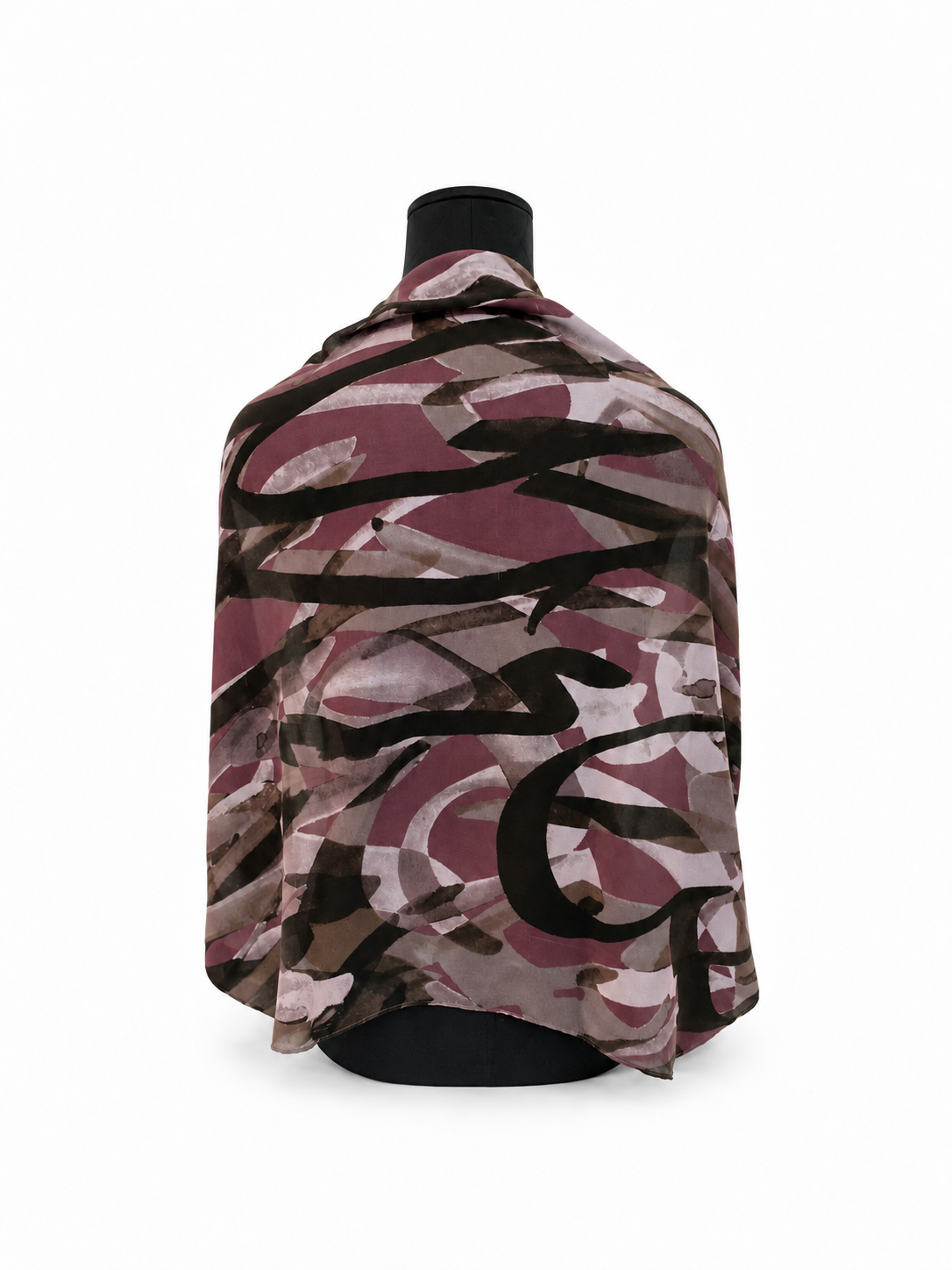Back view of Inshallah Arabic calligraphy scarf by Ihsan Ishan Design in mauve, plum and black, showing the oversized calligraphic pattern.