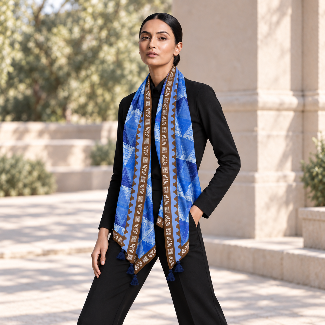 Model wearing blue Amazigh scarf by Ihsan Ishan Design showing layered geometric motifs and Tifinagh script inspired by Indigenous North African culture.