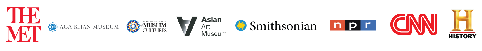 Selected museums, cultural institutions, and media connected with Ihsan Ishan Design, including The Met, Smithsonian, Aga Khan Museum, Asian Art Museum, CNN, NPR, and History.