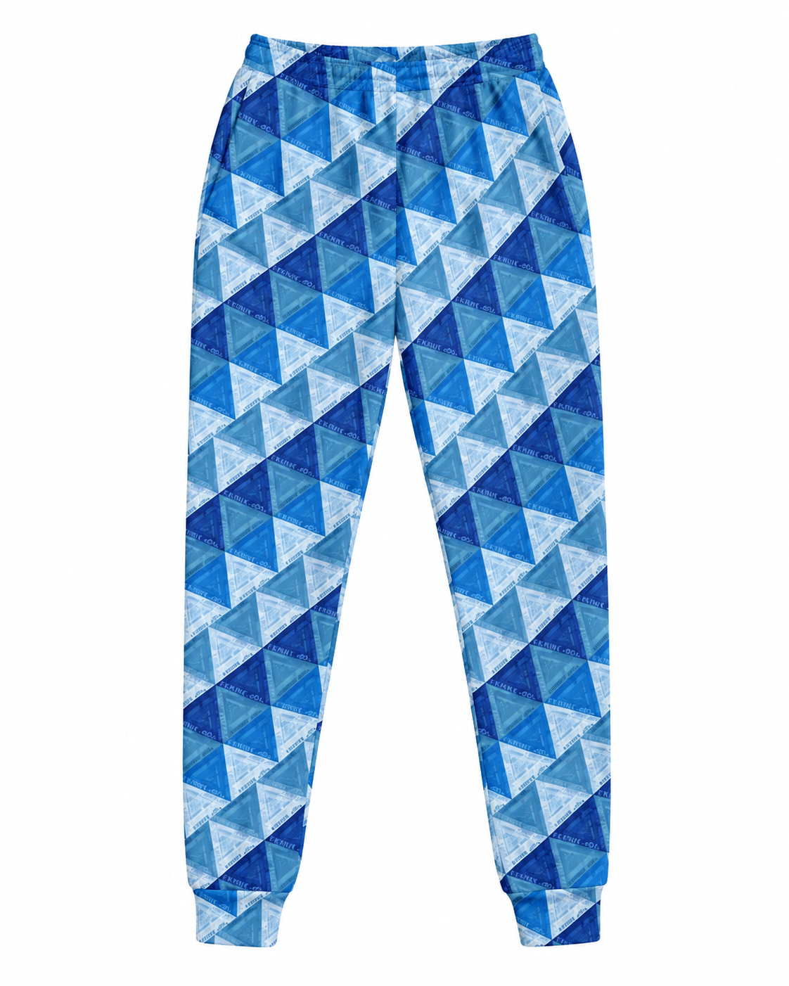 Front view of Ihsan Ishan Design Amazigh pants featuring an all-over blue geometric triangle pattern inspired by Amazigh visual culture.