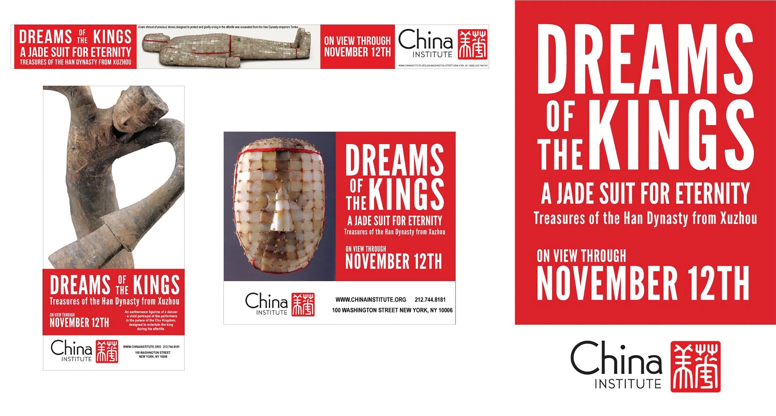 Exhibition branding and typography for China Institute’s Dreams of the Kings: A Jade Suit for Eternity, including advertising and promotional graphics.