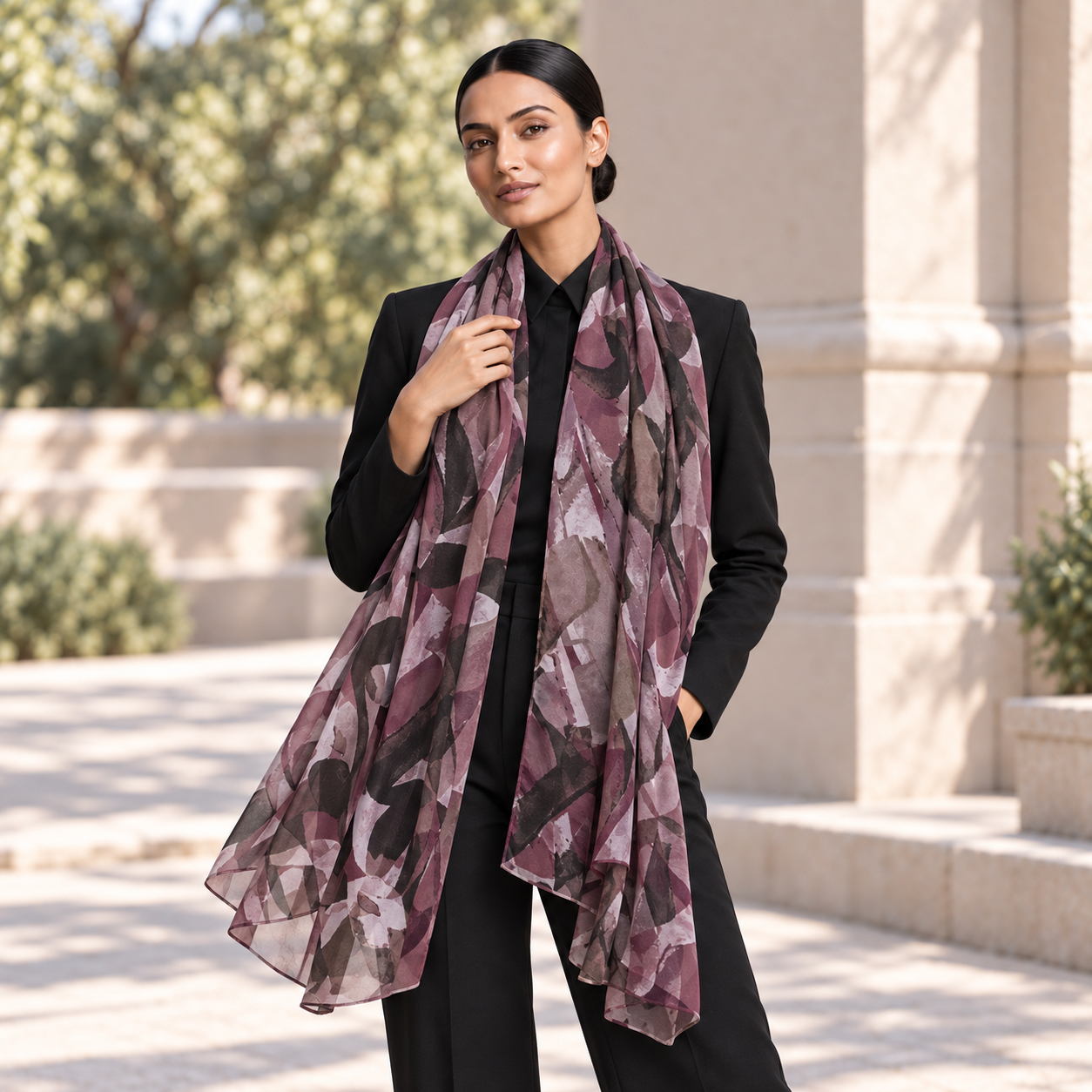 Model wearing mauve and black inshallah calligraphy scarf by Ihsan Ishan Design
