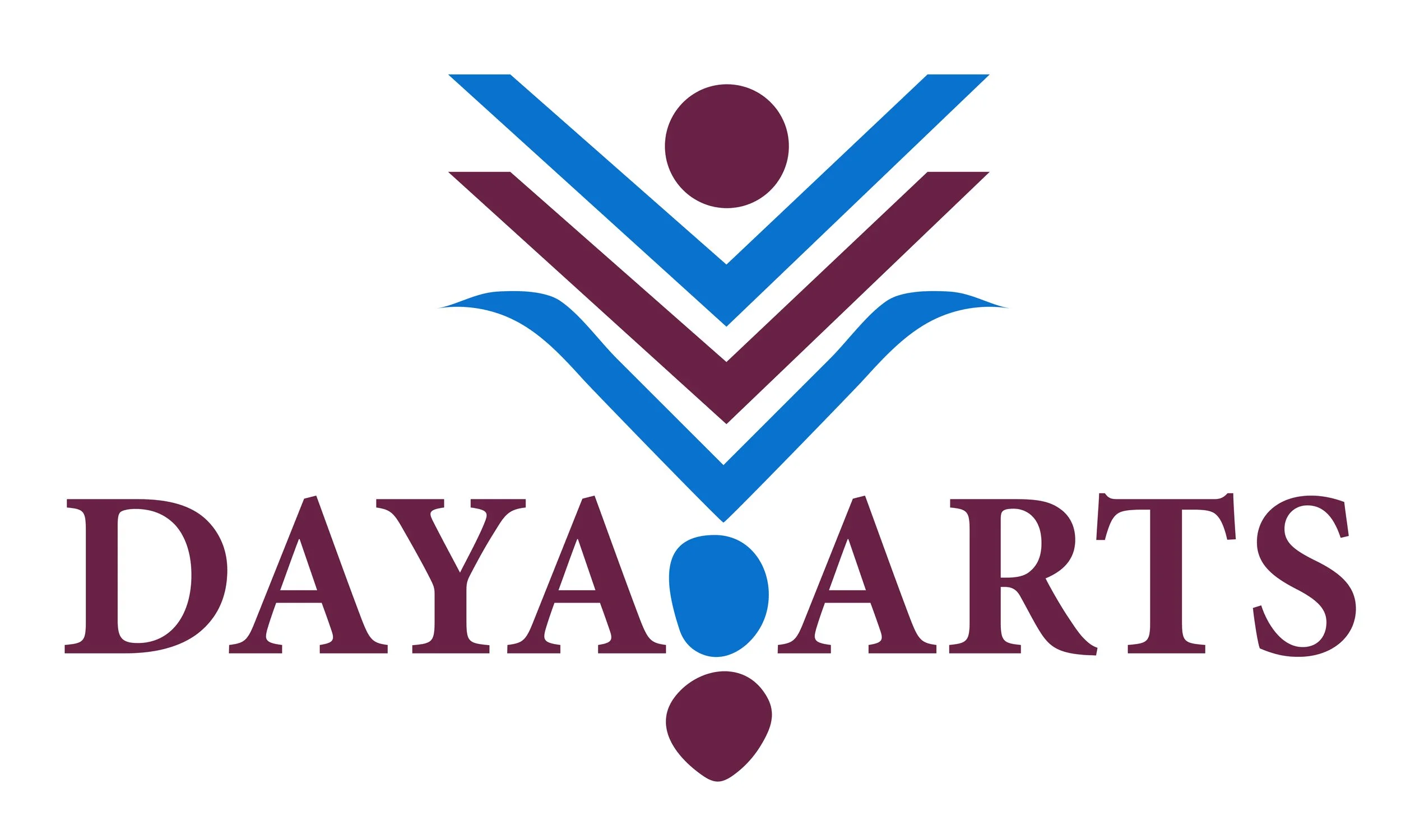 Daya Arts logo and brand identity featuring an abstract human figure in blue and burgundy, designed by Ihsan Ishan Design.