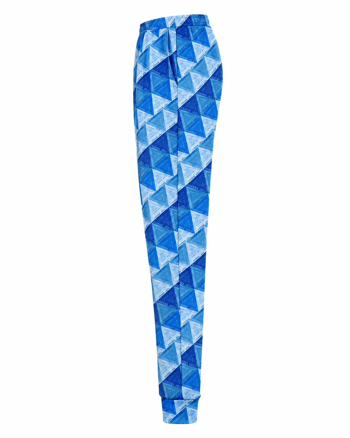 Side view of Ihsan Ishan Design Amazigh pants showing the all-over blue geometric pattern and tapered silhouette.