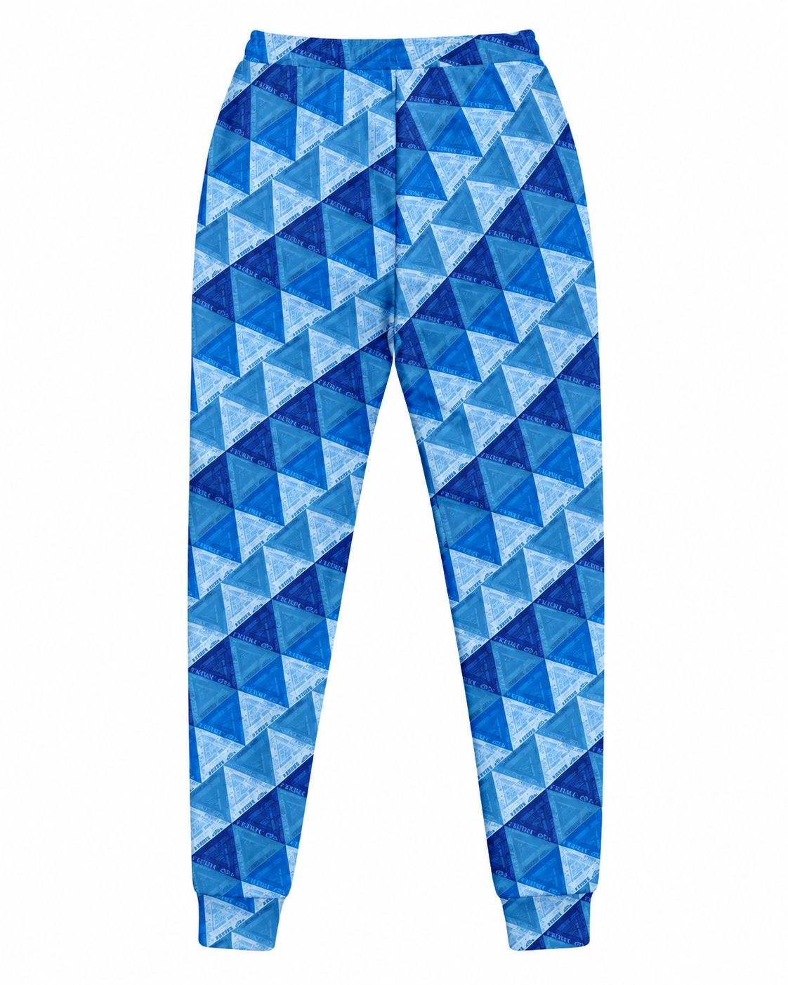 Back view of Ihsan Ishan Design Amazigh pants featuring the blue geometric triangle pattern in shades of cobalt, turquoise and light blue.