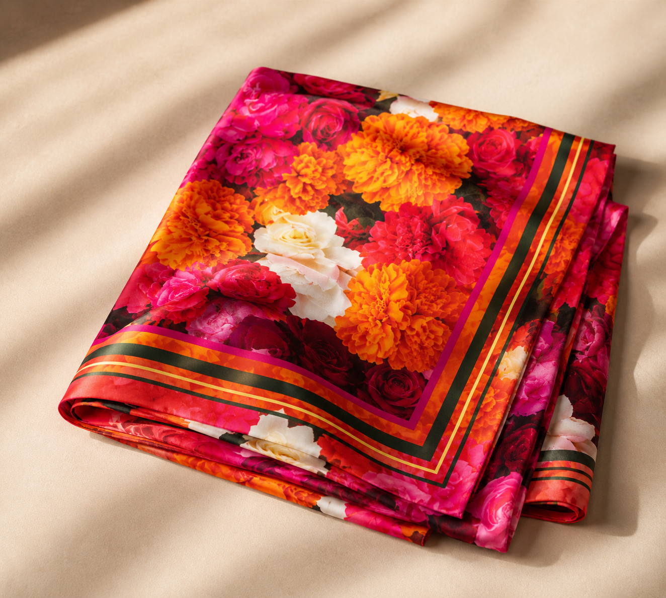 Marigold and rose silk scarf by Ihsan Ishan Design, elegantly folded on a neutral cream background, featuring vibrant orange marigolds, pink and red roses, and colorful striped borders.