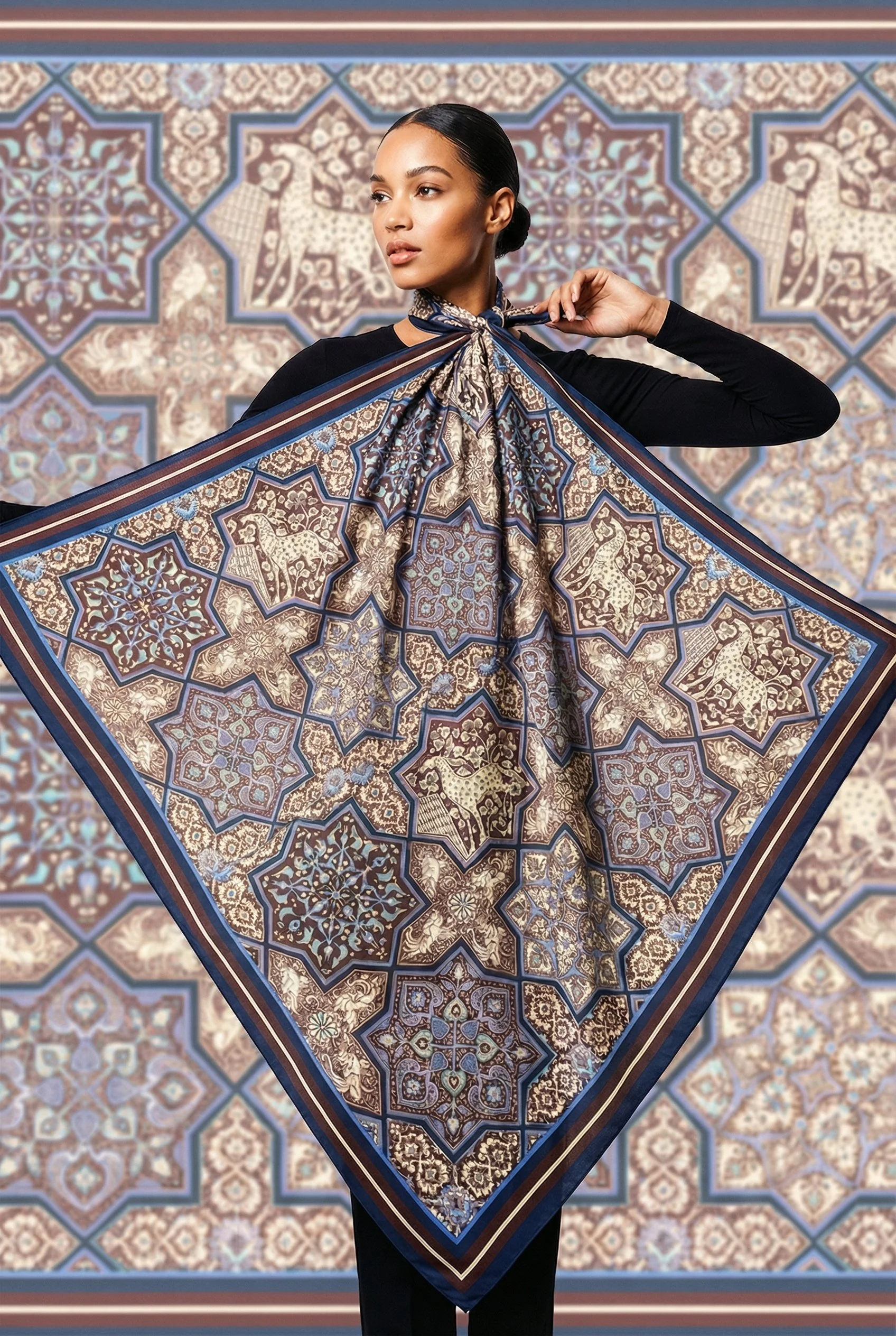 Persian Tile silk scarf designed by Sangeetha Kowsik, translating Persian art and architectural research into a contemporary luxury textile.