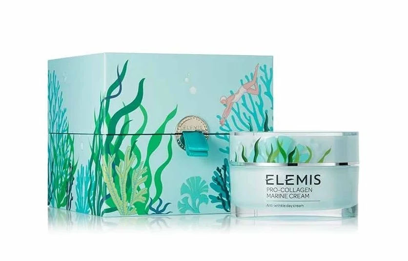 ELEMIS Pro-Collagen Marine Cream with illustrated aquatic-themed beauty packaging.