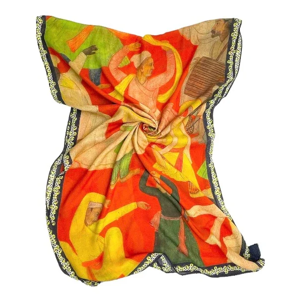 Scarf designed and developed by Sangeetha Kowsik for the Asian Art Museum, using fashion as a form of education inspired by South Asian art.