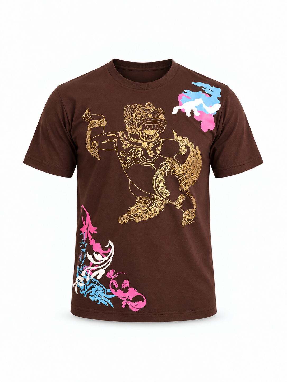 Brown Ihsan Ishan Design T-shirt featuring detailed gold Tibetan snow lion artwork with colorful floral accents.