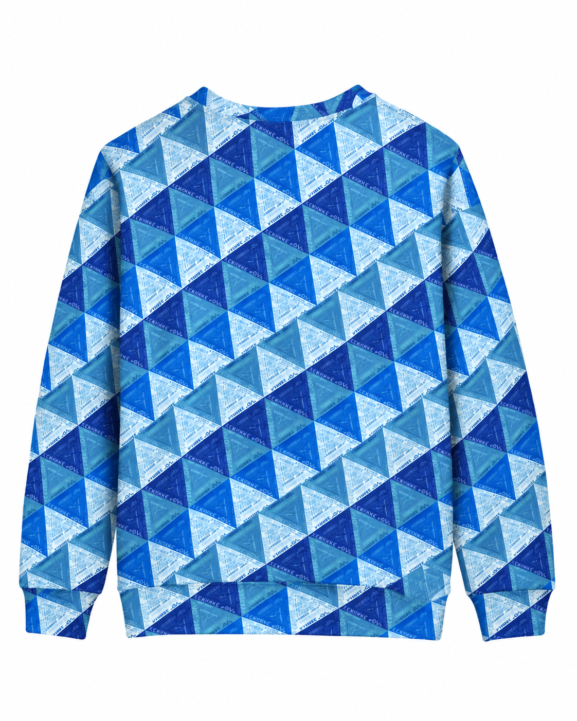 Back view of blue TILLEI ABDA “Always Be Free” Amazigh sweatshirt featuring an all-over geometric Tiffinagh-inspired pattern.