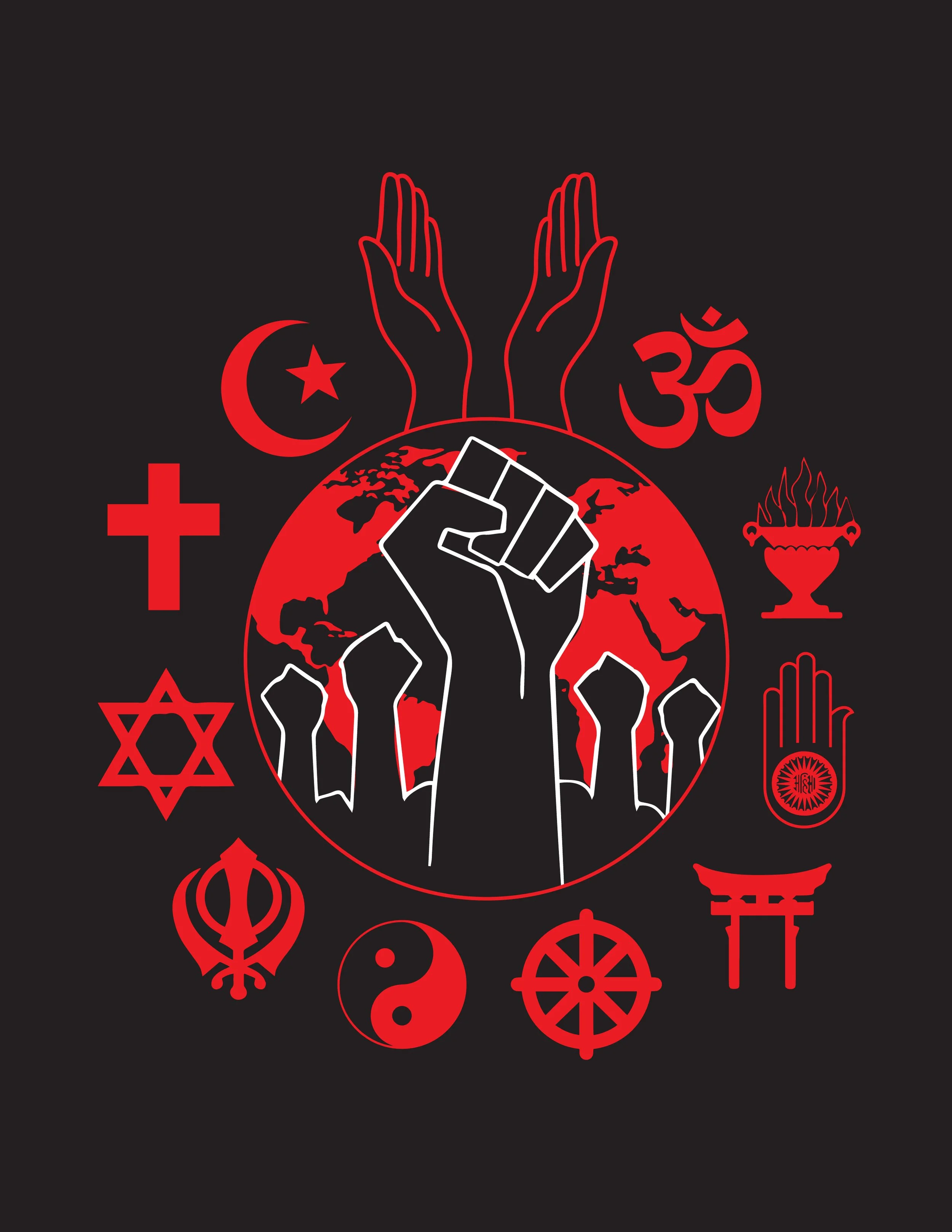 Black Lives Matter design by Sangeetha Kowsik combining symbols from multiple faith traditions with contemporary fashion and social history.