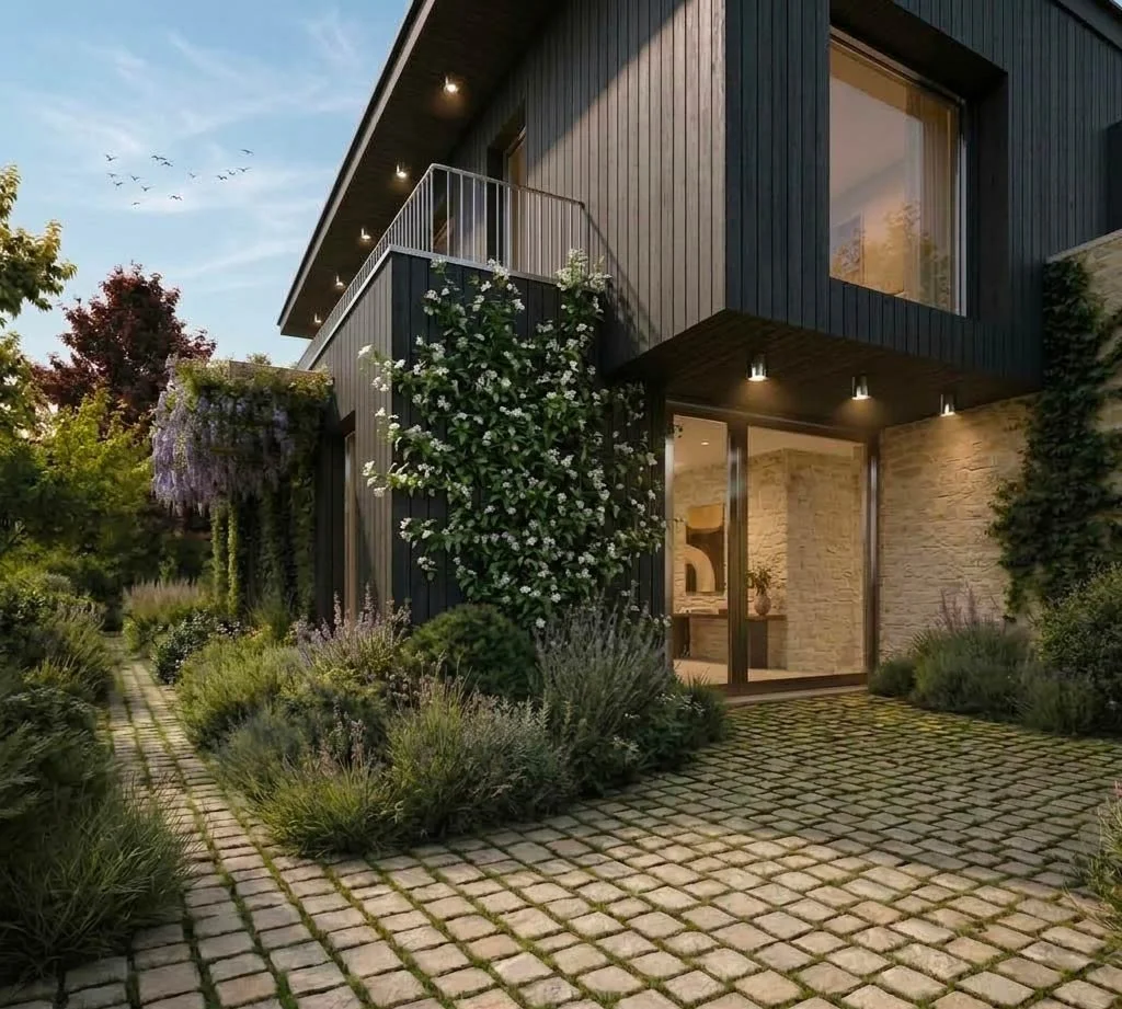 Axel Aucouturier architecte, intérieur et paysagiste - La maison du phare de Kernevel (Larmor-Plage), Construction d'une maison, Entrée, pavage granit à joints végétalisés, Fenêtre inox poli