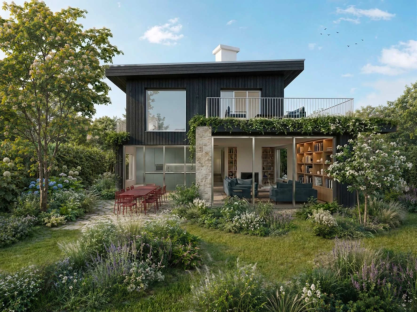 Axel Aucouturier architecte, intérieur et paysagiste - La maison du phare de Kernevel (Larmor-Plage), Construction maison façade bardage bois foncé, toit végétalisé, poutres extérieurs brise-soleil