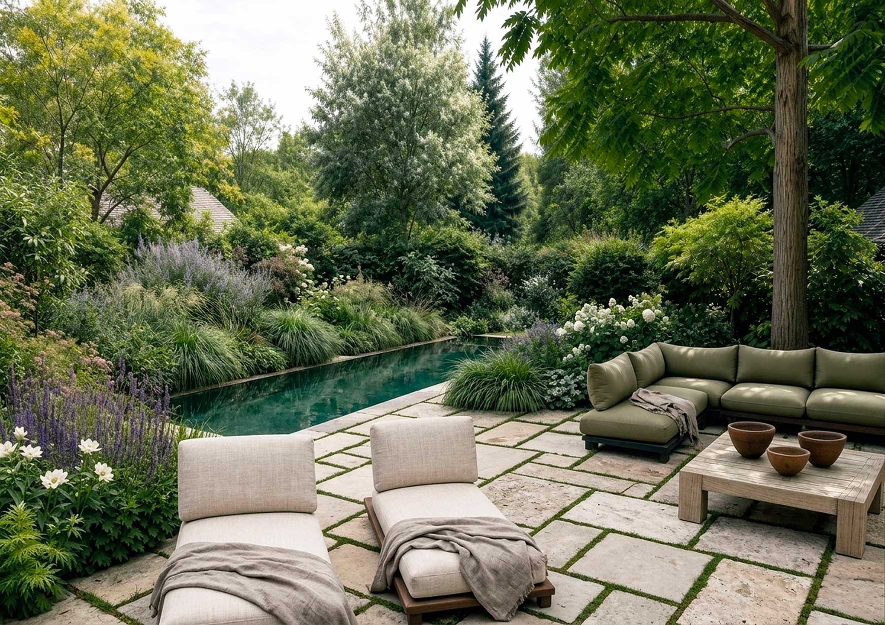 Axel Aucouturier architecte, intérieur et paysagiste - La maison du phare, Piscine, dalle grès joints enherbés, massifs de plantes plongeants