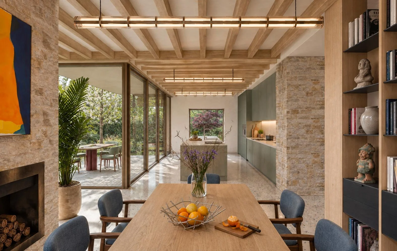 Axel Aucouturier - La maison du phare - cuisine Intérieur : Plafond poutre bois apparente, Enduit intérieur, mur en pierre granit breton à joint visible, béton ciré terrazzo