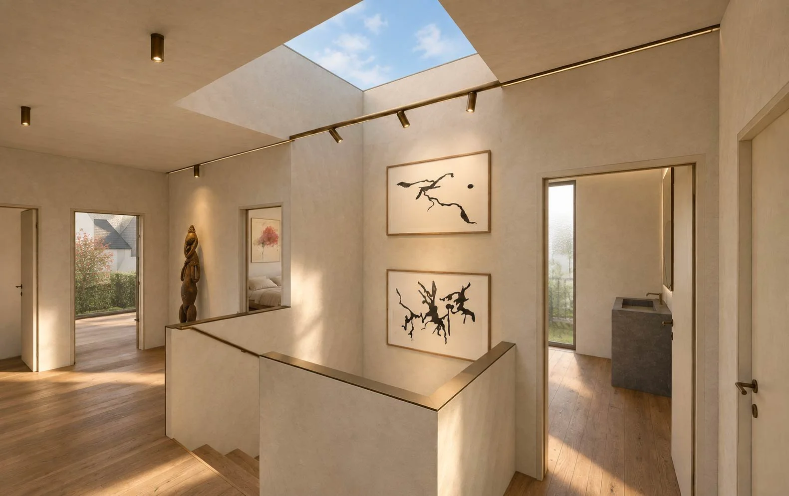 Axel Aucouturier - La maison du phare Palier chambres étage : Puits de lumière zénithal, parquet bois, Enduits intérieurs à la chaux.