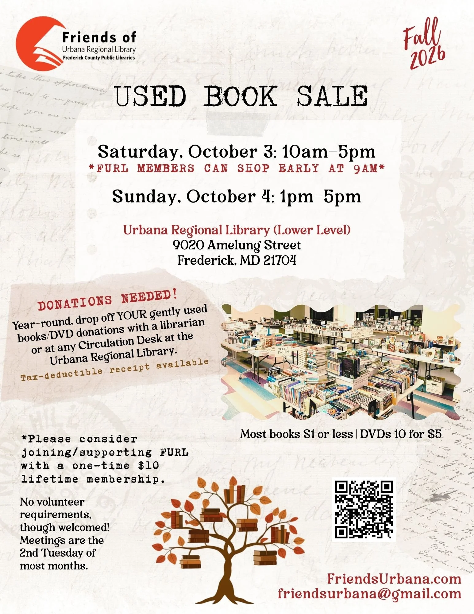 Shop thousands of gently used books and DVDs at the Friends of Urbana Regional Library Fall Used Book Sale on October 3–4, 2026, in Frederick, Maryland.