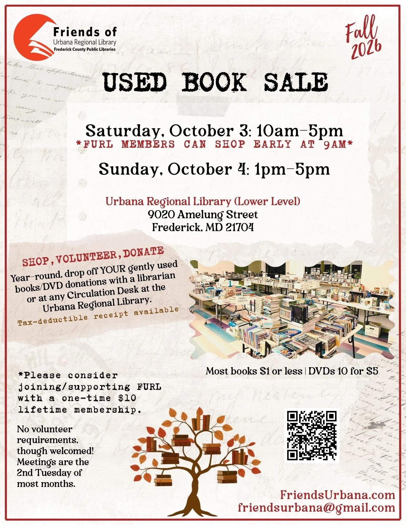 Shop thousands of gently used books and DVDs at the Friends of Urbana Regional Library Fall Used Book Sale on October 3–4, 2026, in Frederick, Maryland.