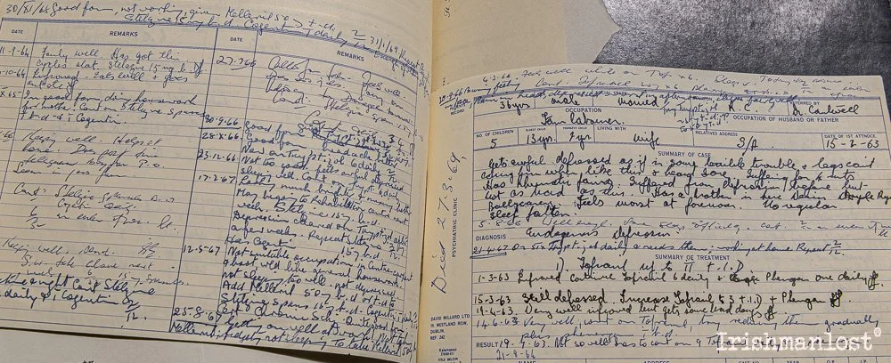 Handwritten medical notes and case summary from an old notebook, detailing a patient's examination, diagnosis, and treatment plan.