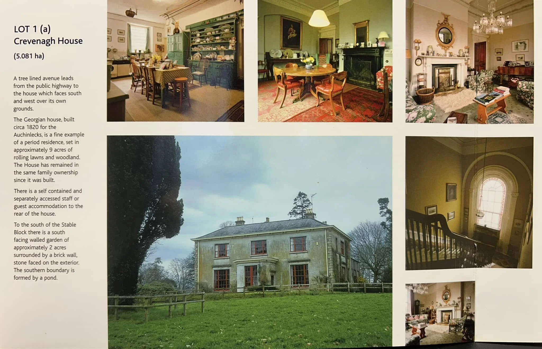 Page showing interior and exterior images of Crevenagh House, a historic Georgian mansion, including periods rooms with vintage furniture and a large house with a green exterior surrounded by lawn and trees.