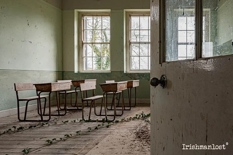 Abandoned classroom inside Anny National School, Ireland