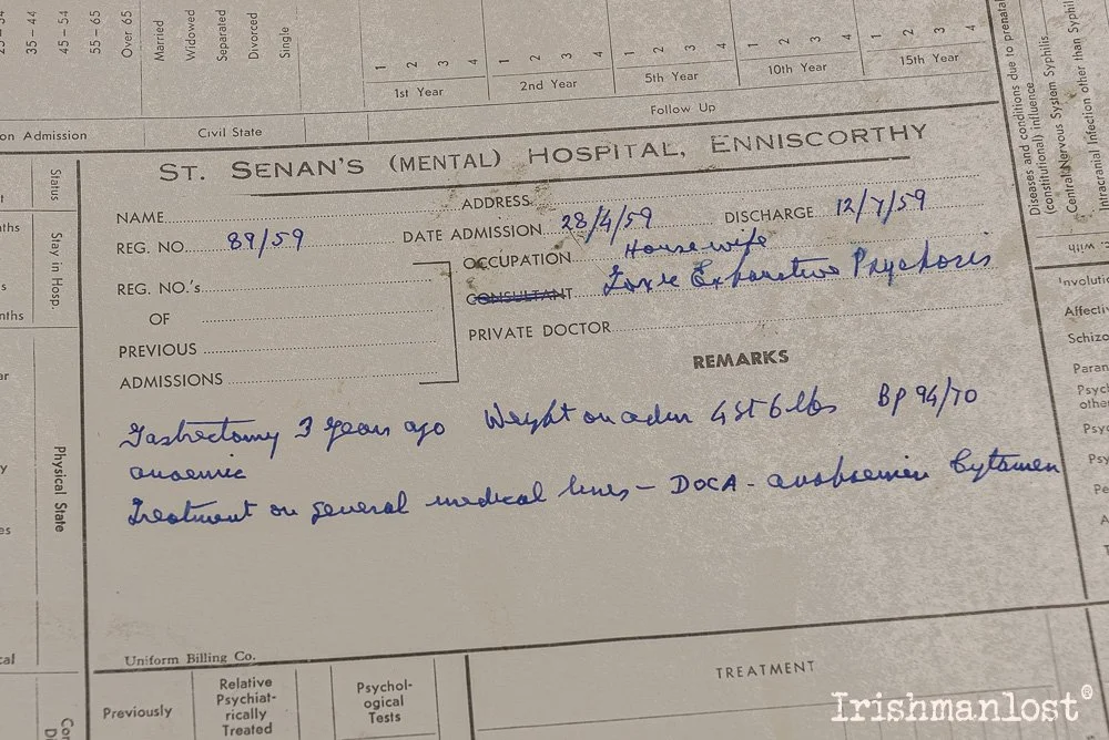 Medical discharge paper from St. Senan's (Mental) Hospital in Enniscorthy with handwritten notes about a patient's past medical history, including a gastrectomy, weight, blood pressure, and treatment details.