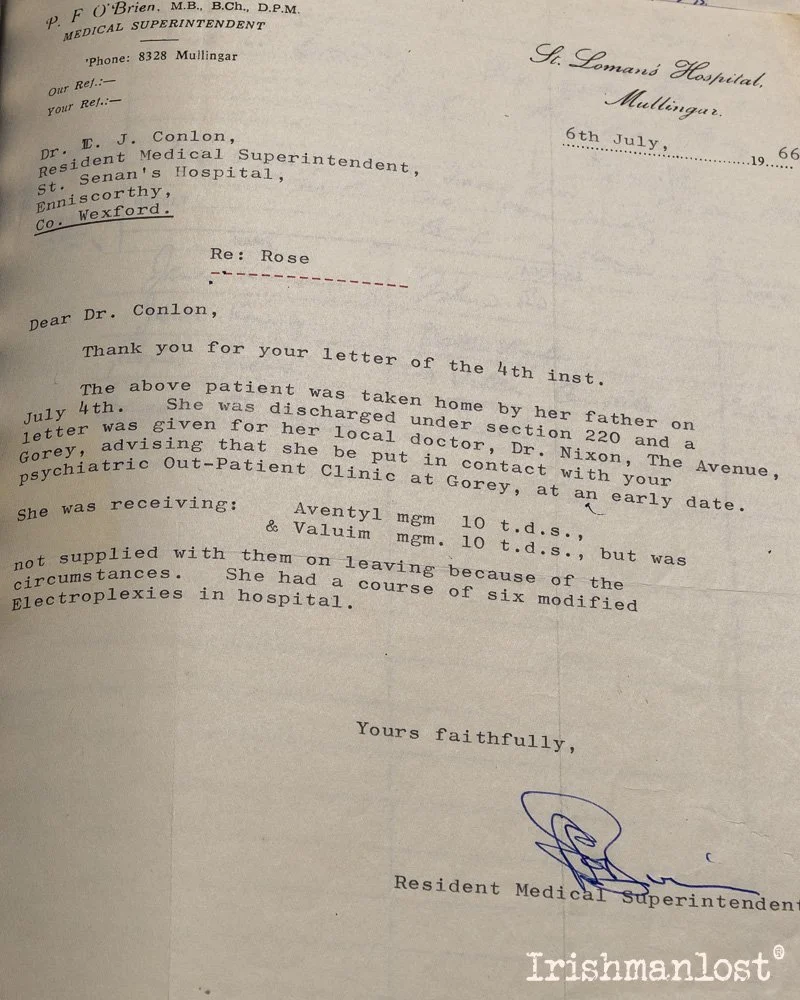 Letter on hospital letterhead from St. Lemans Hospital, Mullingar, dated July 6, 1966, discussing patient Rose and her treatment details.