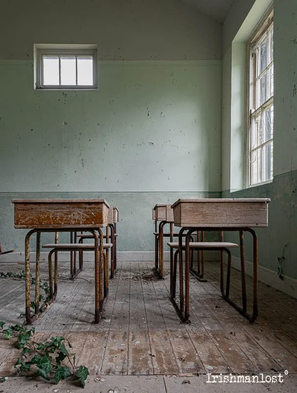 Abandoned classroom inside Anny National School, Ireland