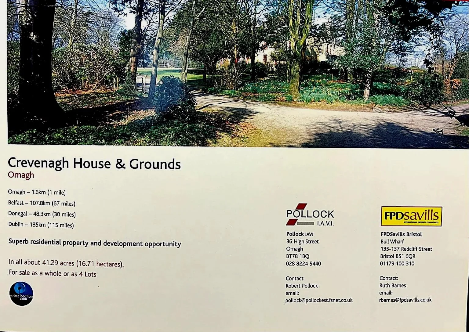 This is a real estate advertisement for Crevenagh House & Grounds, located in Omagh, Northern Ireland. The ad includes a photo of a wooded area with trees and a walking path. It lists distances to nearby cities, mentions the property spans approximately 41.29 acres (16.71 hectares), and is available for sale as a whole or in four lots. Contact details for Robert Pollock and Ruth Barnes are provided along with their email addresses.