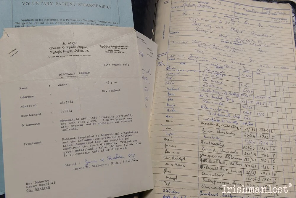 Two pages of medical documents, including a discharge report from 1964 and a handwritten medical chart with patient details, diagnoses, and treatments.