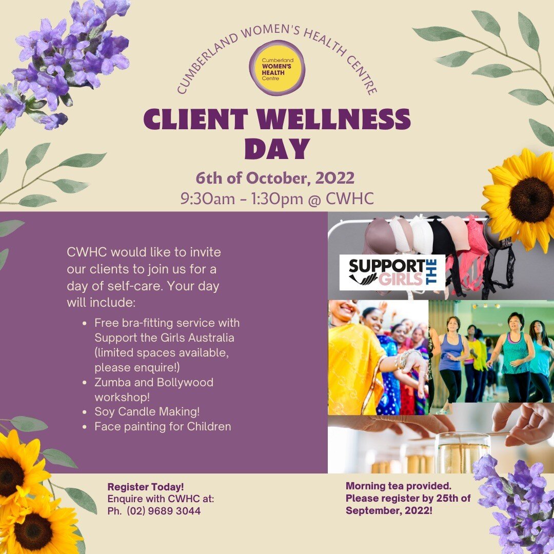 𝙃𝙚𝙡𝙡𝙤 𝙚𝙫𝙚𝙧𝙮𝙤𝙣𝙚! 🌻

Cumberland Women's Health Centre will be hosting a Client Wellness Day event at our very own center in Harris Park! If you are a client of our center, please do not hesitate to give us a call at Cumberland Women's Hea