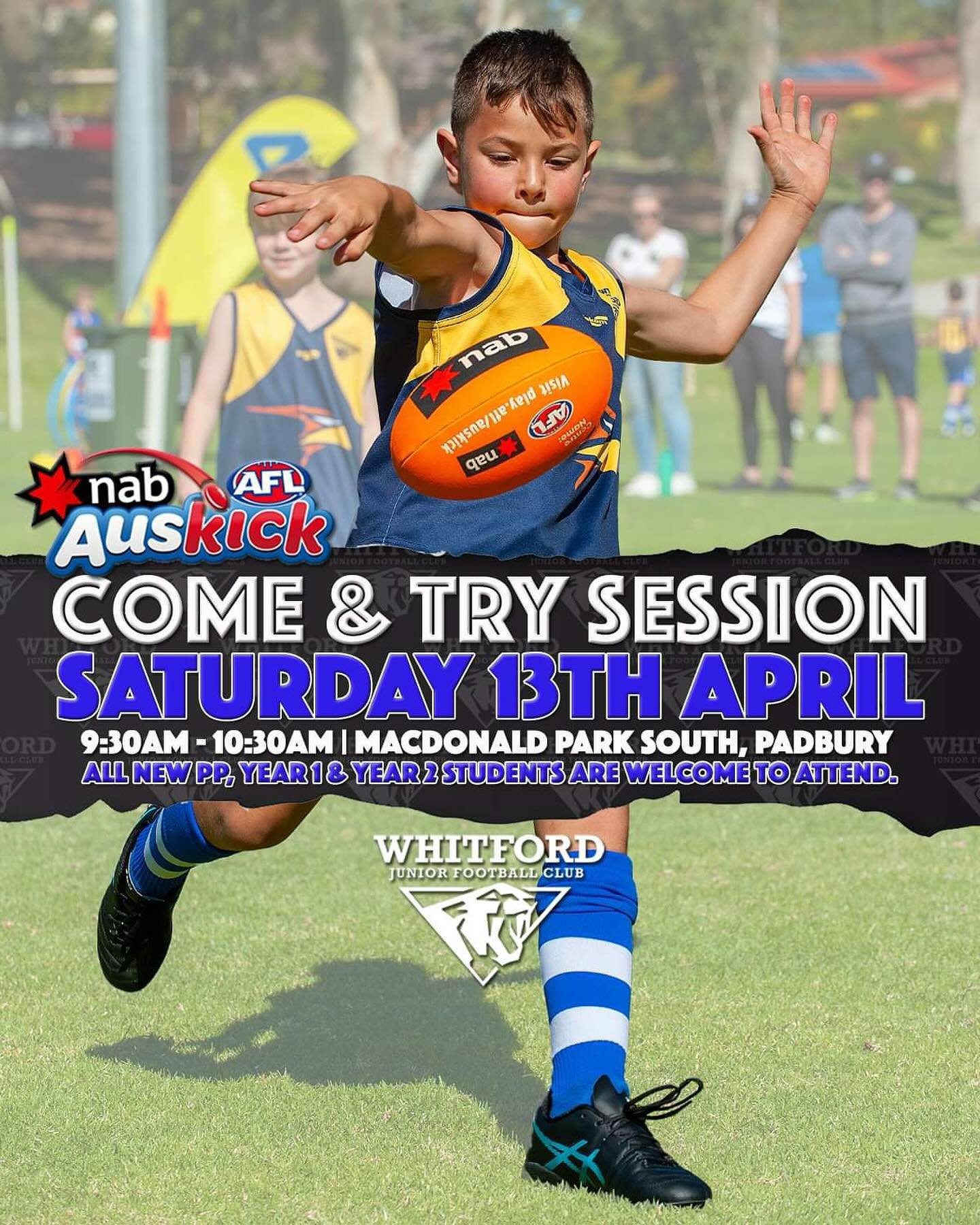 Our COME &amp; TRY @aflauskick Session is this Saturday 13th April at MacDonald Park (South Oval). It is open to all Girls and Boys in PP, Year 1 &amp; Year 2 who are interested in playing footy but haven&rsquo;t yet committed.
It&rsquo;s a great opp