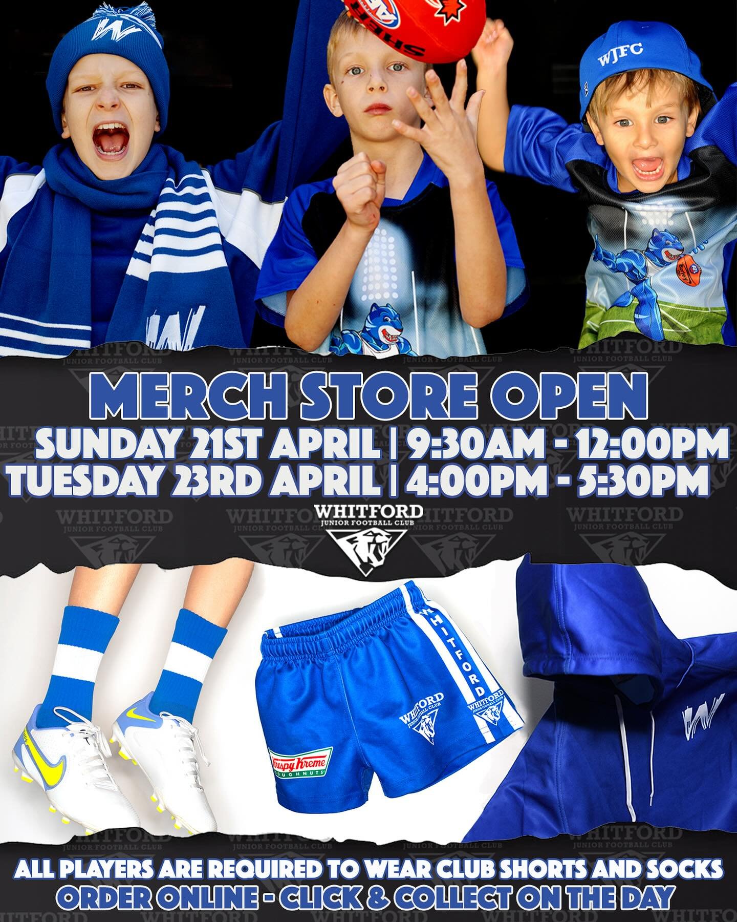 Just a reminder that all players are required to wear club socks and shorts for the upcoming start to the season.
You can order online through the club website and click &amp; collect on the below times.
Please see below for Merch Store hours&hellip;