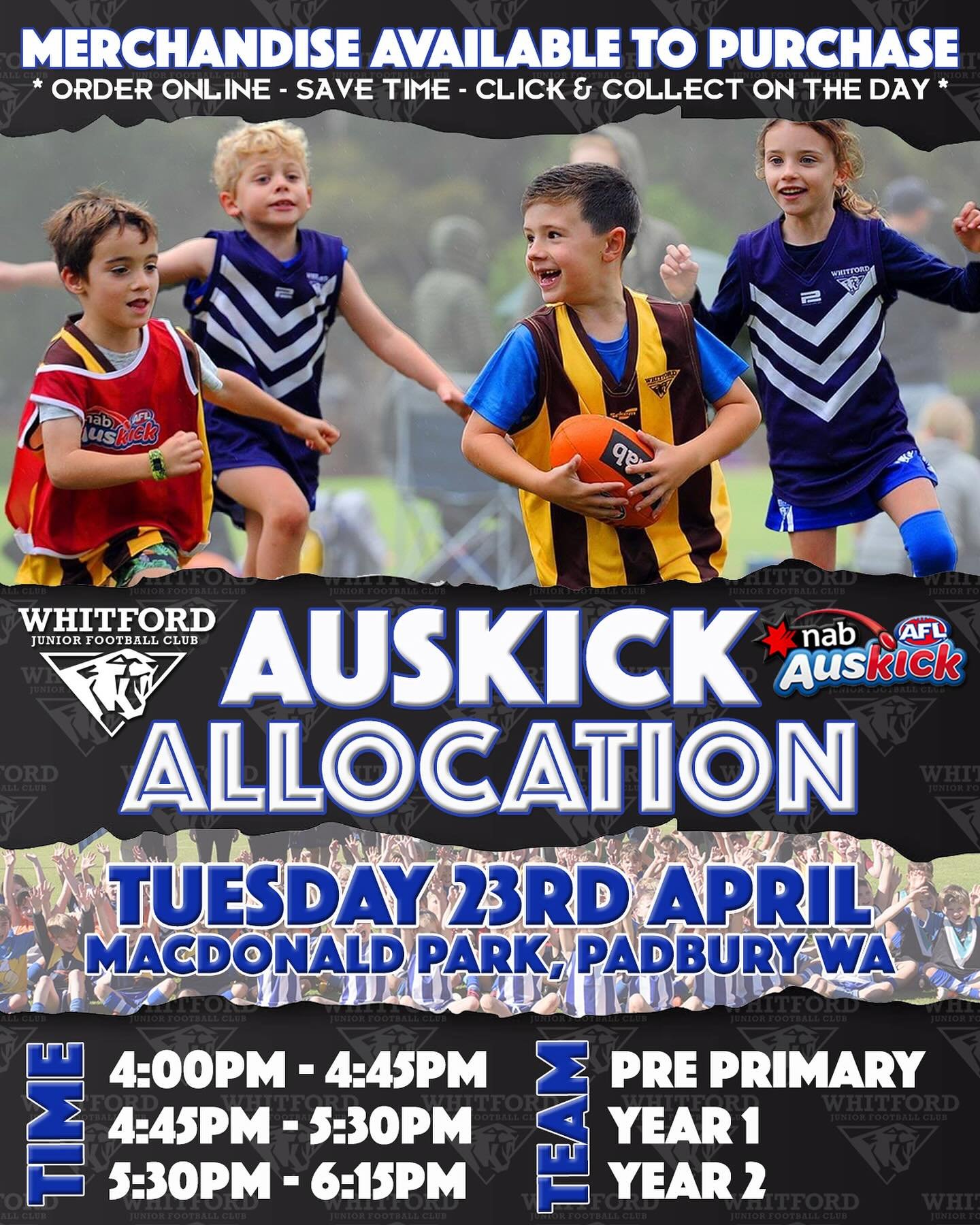 We are letting all of our @aflauskick players and parents know that Allocation Day is this coming Tuesday from 4:00pm at our MacDonald Park Clubrooms.

*4:00pm - Pre Primary
*4:45pm - Year 1
*5:30pm - Year 2

The Merch Store will be open from 4:00 -5