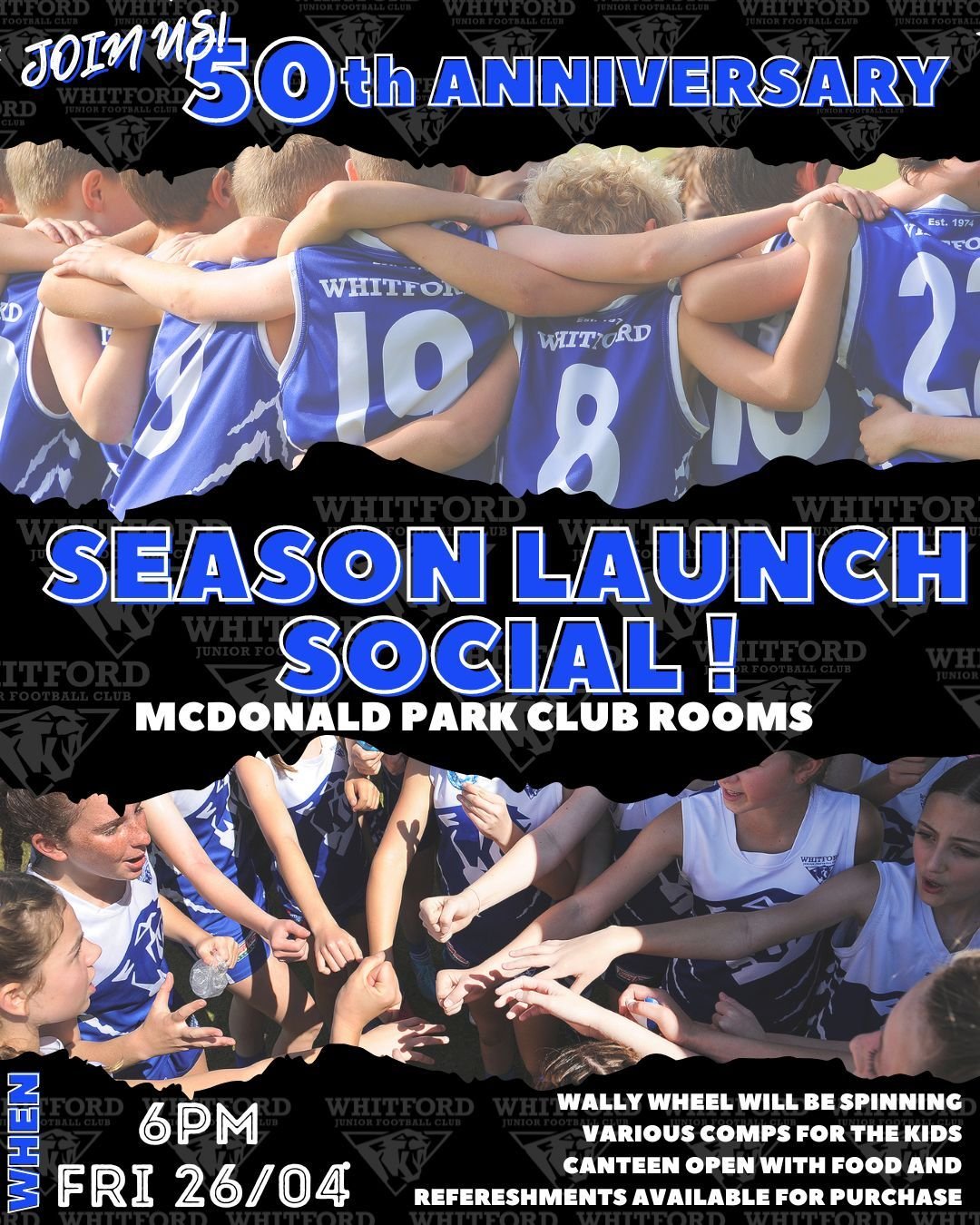 Hey Wildcats! To launch our 50th season we are hosting a social event at the club rooms tomorrow night from 6pm!! THIS EVENT IS OPEN TO ALL MEMBERS AND THEIR FAMILIES!!!

What to expect...
- Watch a bit of the girl's footy under lights 
- Grab someth